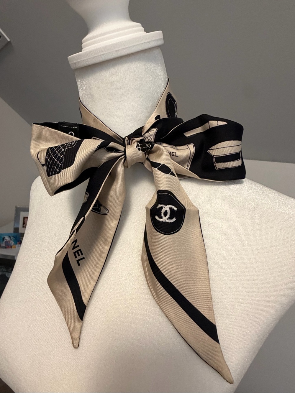 CHANEL Beige and Black Silk Twilly Scarf with Iconic Motifs